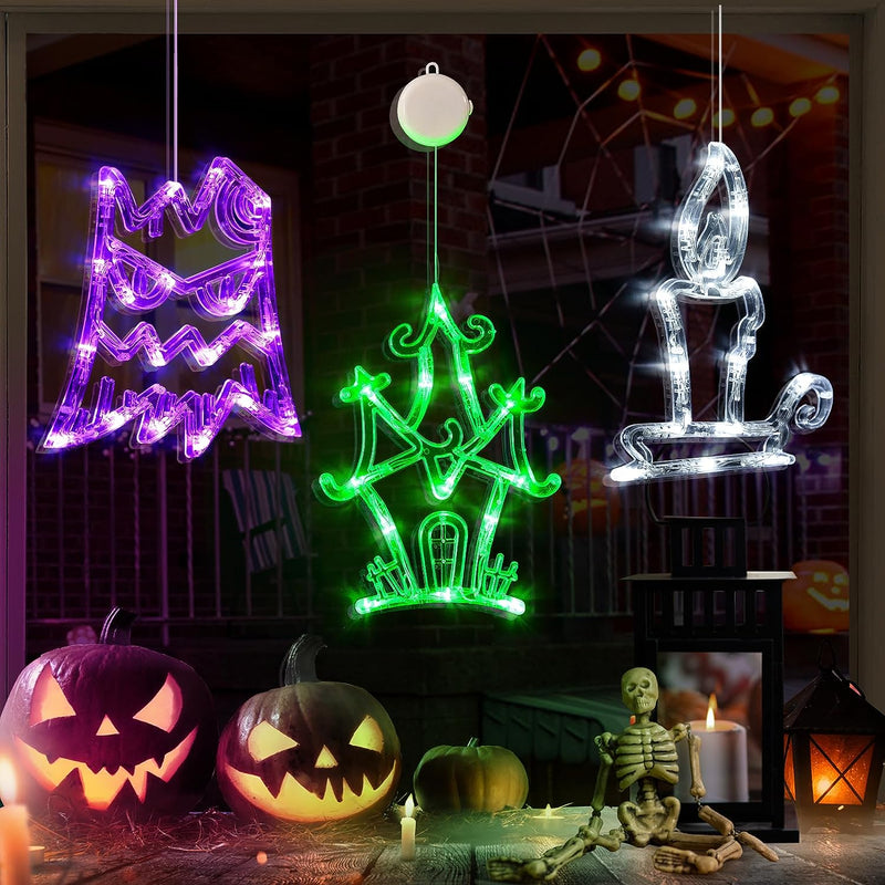 Lolstar Halloween Decorations 3 Pack Orange Pumpkin, White Ghost, Purple Bat Halloween Window Lights with Suction Cup, Battery Operated Halloween Lights, 2023 Upgrade Slow Fade Mode and Timer Function  LOLStar Ghost Tree, Haunted House And Candle  