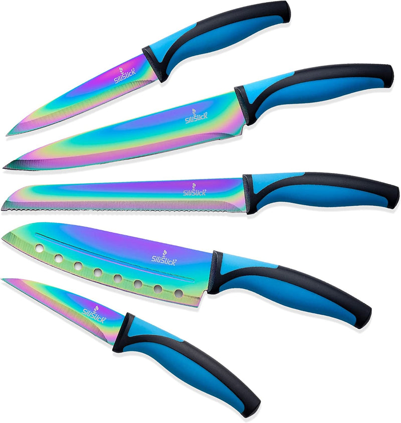 Titanium Coated Rainbow Knife Set - Sharp Stainless Steel Knives Set with Kitchen Utility Knife, Santoku, Bread, Chef, & Paring Knives with Covers - Iridescent Kitchen Accessories - Silislick Home & Garden > Kitchen & Dining > Kitchen Tools & Utensils > Kitchen Knives SiliSlick Blue Handle  