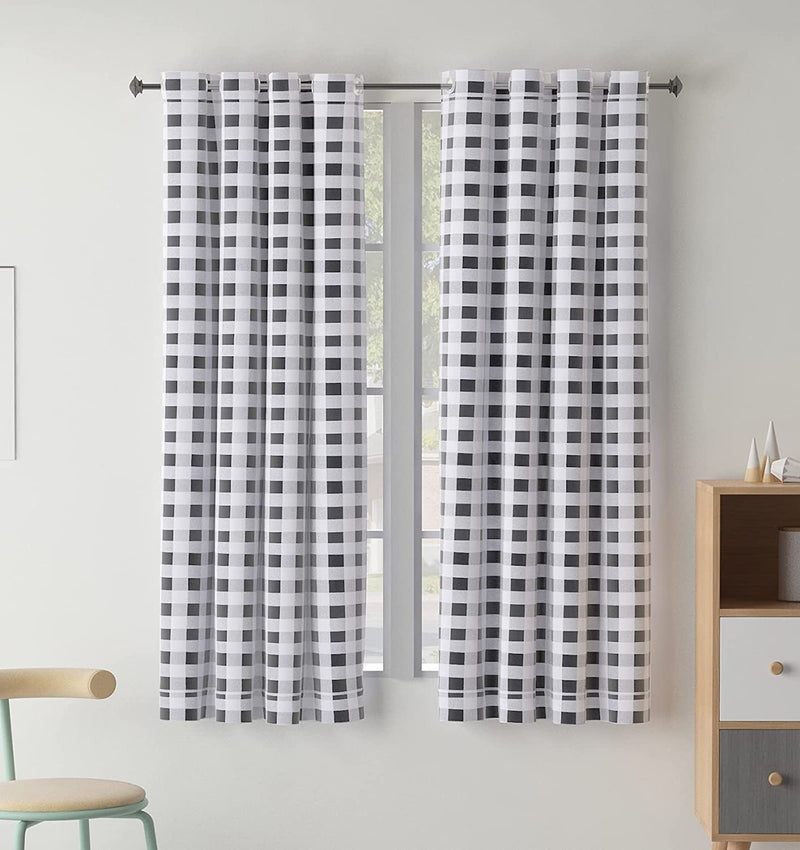 Plaid Blackout Curtains, Blackout Gingham Checker Window Curtain Plaid Curtain Panels Grommet Curtain Drapery Set of 2 Panels (Grey and White, 52X84Inch)