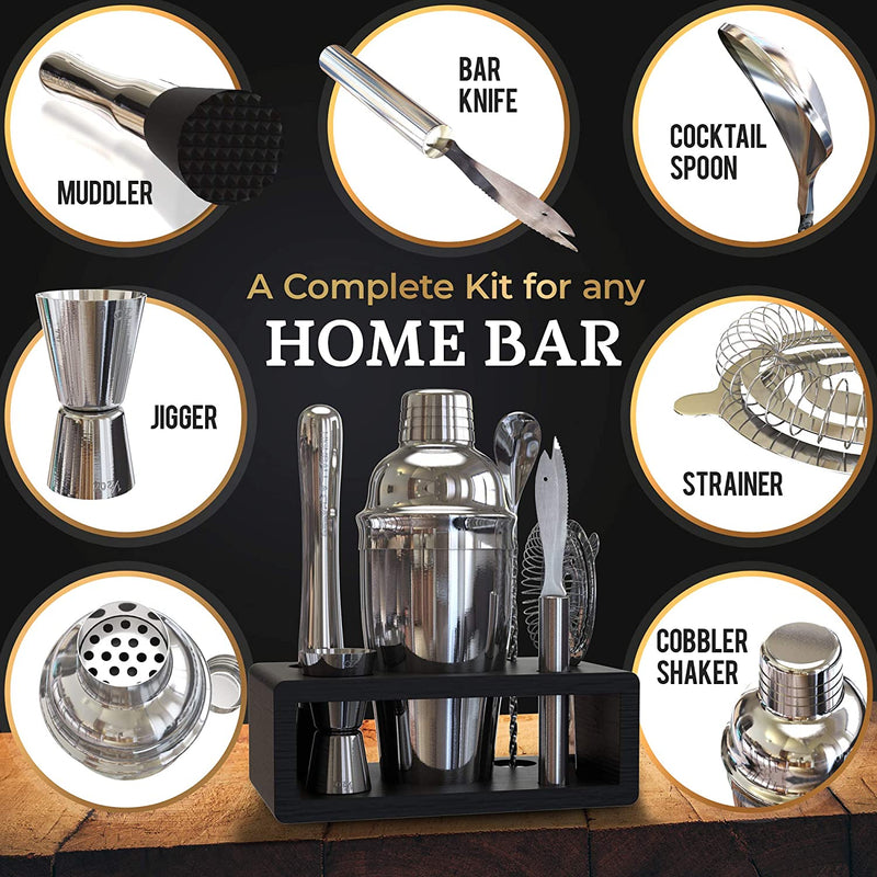 Highball & Chaser Elite 6-Piece Cocktail Shaker Set: Complete Bartender Kit for Home Bar Stainless Steel Mixology Bartender Kit with Stand Cocktail Set for Beginners | plus E-Book with 30 Recipes