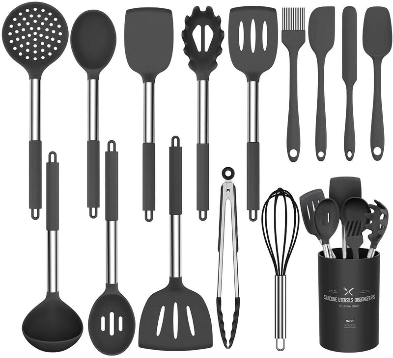 Silicone Cooking Utensil Set,Umite Chef Kitchen Utensils 15Pcs Cooking Utensils Set Non-Stick Heat Resistan Bpa-Free Silicone Stainless Steel Handle Cooking Tools Whisk Kitchen Tools Set - Grey Home & Garden > Kitchen & Dining > Kitchen Tools & Utensils Umite Chef Black  