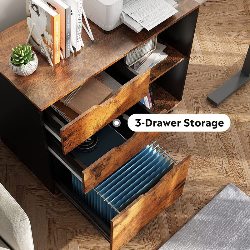 DEVAISE 3-Drawer Wood File Cabinet, Mobile Lateral Filing Cabinet, Printer Stand with Open Storage Shelves for Home Office, Rustic Brown Home & Garden > Household Supplies > Storage & Organization DEVAISE   
