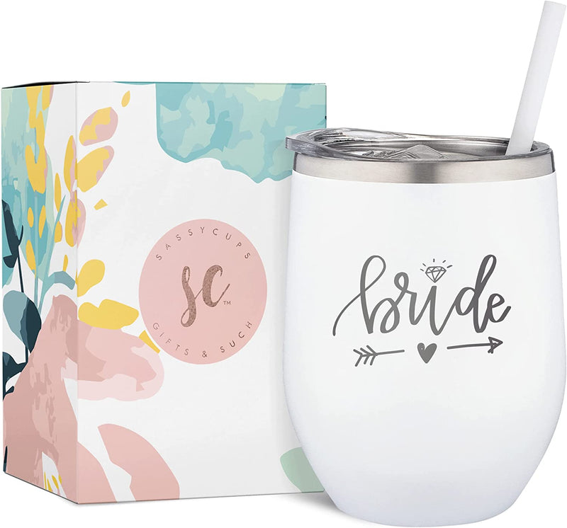 Sassycups Mother of the Groom Tumbler | Engraved Stainless Steel Insulated Wine Tumbler with Lid and Straw | Wedding Party Tumblers | for Grooms Mom | Engagement Announcement (12 Ounce, White) Home & Garden > Kitchen & Dining > Tableware > Drinkware SassyCups Bride  