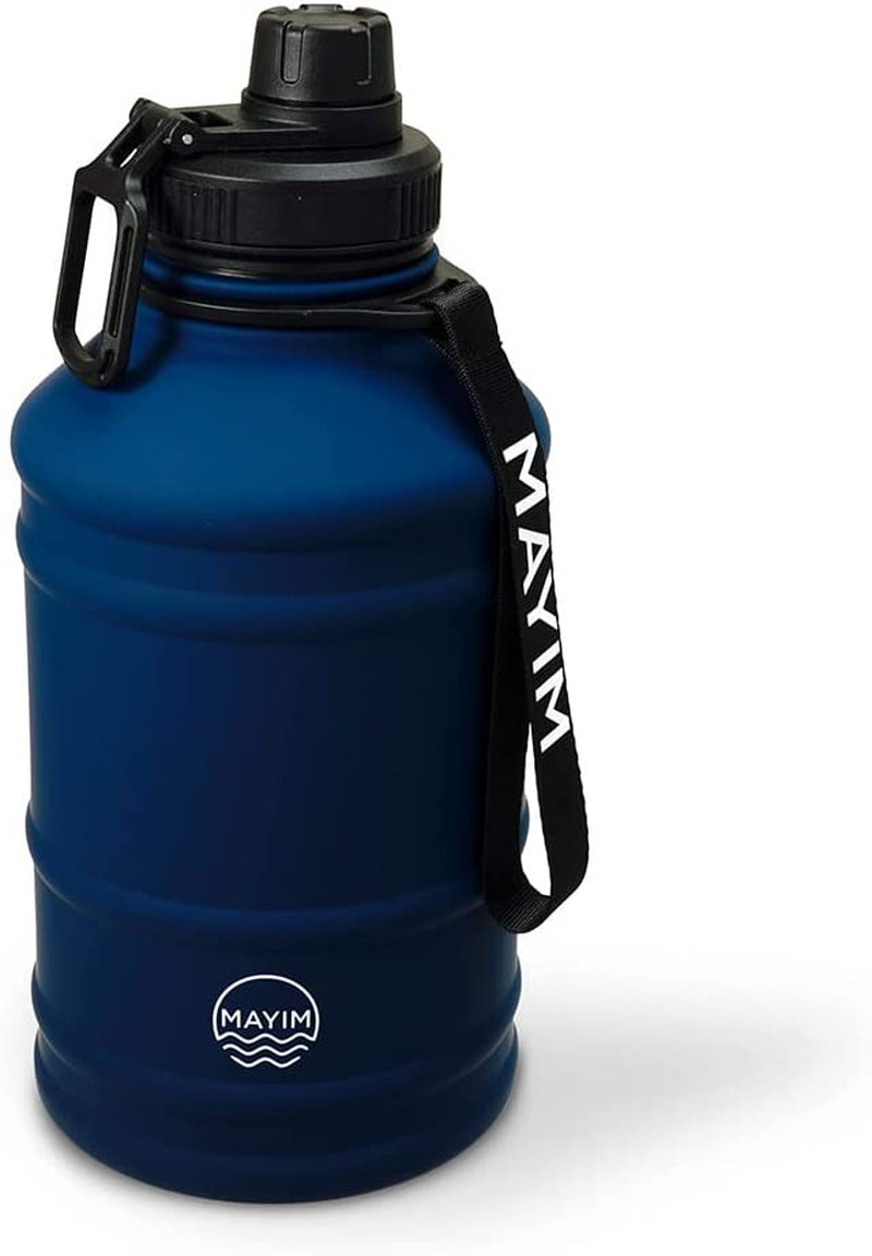 Mayim Stainless Steel Reusable Large Water Bottle Jug | for Sports, Gym, Camping & Outdoors | 2.2L/ 74Oz/ Half Gallon | Premium Collection | Single Walled | Chug Lid | Carry Handle & Strap (Blue)