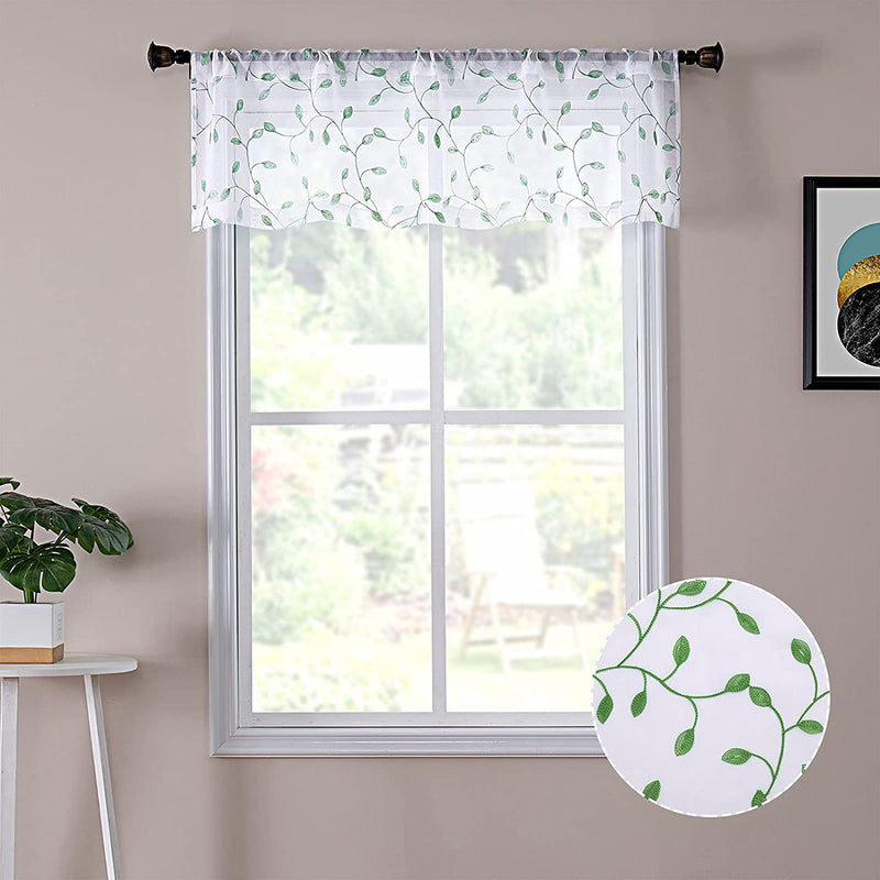 Tollpiz Leaves Sheer Valance Curtains Grey Leaf Embroidery Bedroom Curtain Rod Pocket Voile Curtains for Living Room, 54 X 16 Inches Long, Set of 1 Panel Home & Garden > Decor > Window Treatments > Curtains & Drapes Tollpiz Green 54"W x 16"L 