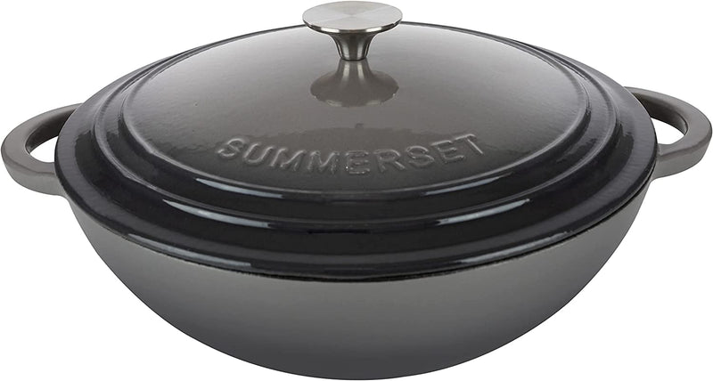 Enameled Cast Iron Casserole Braiser Pot with Lid, Wide Medium Size = 5 Quart, Premium Enamel Cast Iron Pot for Dutch Oven Cooking, NEW, Orange-Sunset Color.