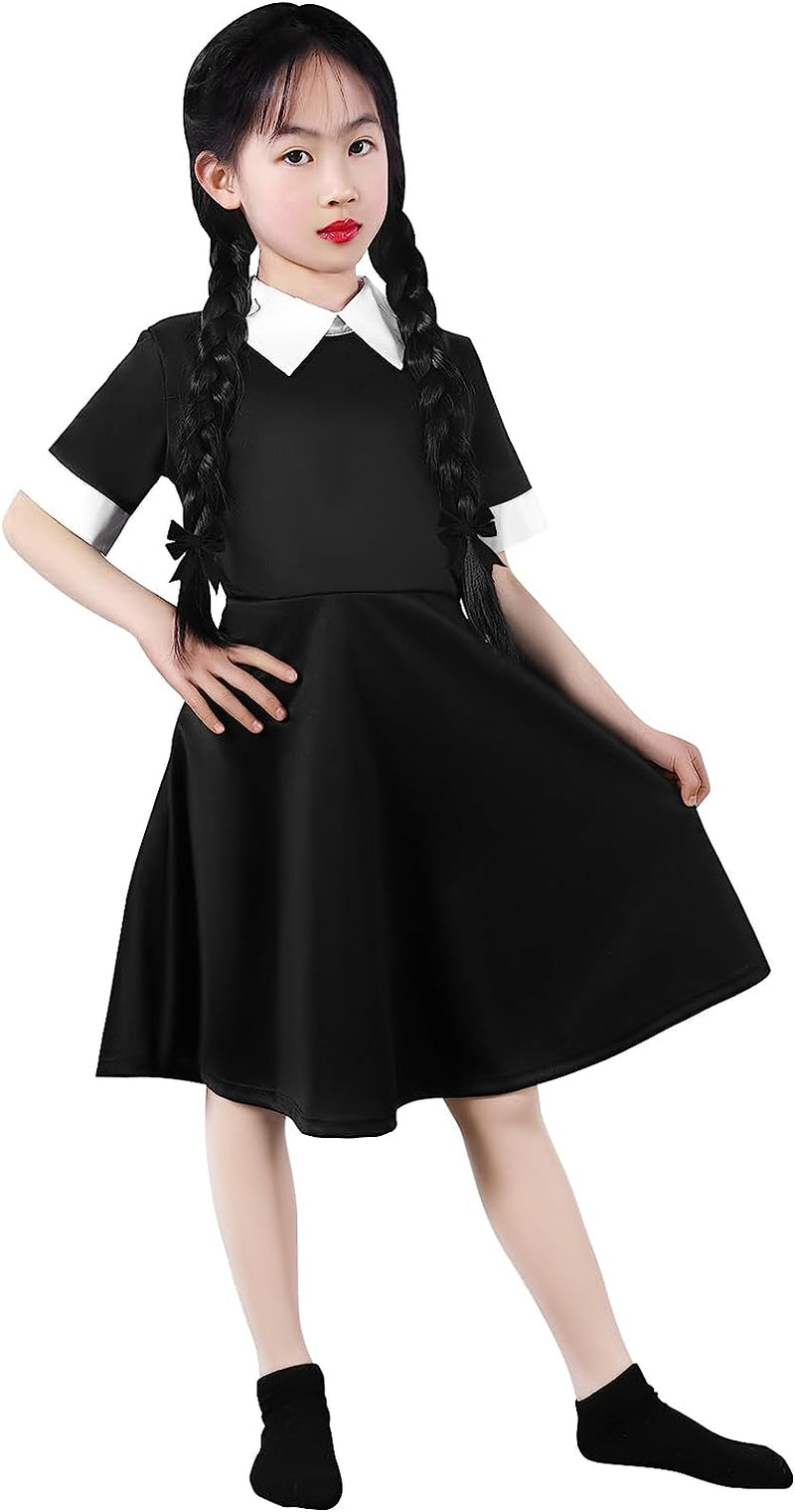 Wigood Wednesday Costume Girls Dress for Kids Addams Costumes Halloween Cosplay Party Dress with Socks 3-12 Years  Wigood Black_Short_Sleeve 3-4T 