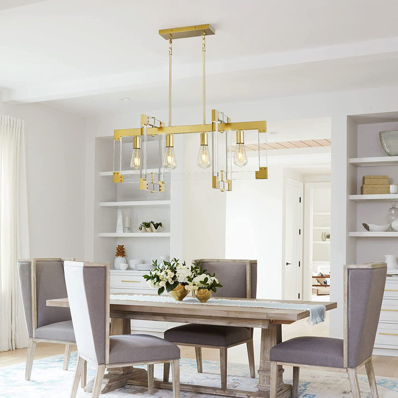 Acrylic Gold Chandelier, 4 Light Hanging Ceiling Light Fixture Rectangle Brass Gold Modern Chandelier for Dining Room, Bedroom, Foyer and Entryway Home & Garden > Lighting > Lighting Fixtures > Chandeliers Reaketon   