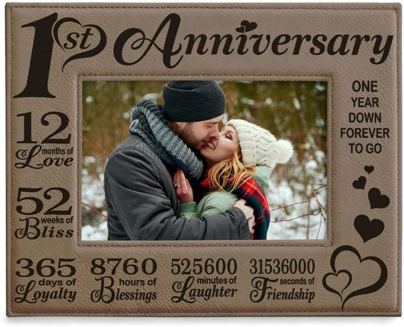 KATE POSH Our First (1St) Anniversary Engraved Leather Picture Frame - Gifts for Couple, Gifts for Him, Gift for Her, Paper, Photo Frame, First Wedding (5X7-Horizontal) Home & Garden > Decor > Picture Frames KATE POSH 4x6-Horizontal (Tan)  