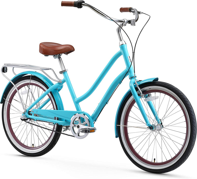 Sixthreezero Hybrid-Bicycles Evryjourney Women'S Step-Through Hybrid Cruiser Bicycle Sporting Goods > Outdoor Recreation > Cycling > Bicycles sixthreezero Teal w/Brown Seat/Grips 24"/3-speed 14inch/One Size