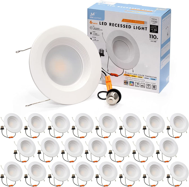 Mw 6 Inch 5 Selectable Color Temperature LED Downlight Retrofit with Baffle Trim, 2700/3000/3500/4000/5000K, Dimmable, 75W Incandescent Equal, 1100LM, Energy Star (1 Pack) Home & Garden > Lighting > Flood & Spot Lights mw 24 PACK  