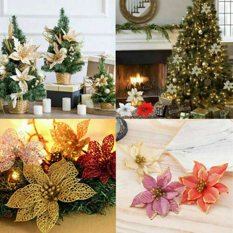 1/10 Pcs Christmas Large Poinsettia Glitter Flower Tree Decorations Xmas Party Home Home & Garden > Decor > Seasonal & Holiday Decorations& Garden > Decor > Seasonal & Holiday Decorations WODLLCHD   