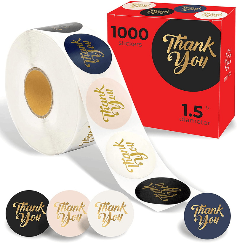 1.5” Marbs Thank You Stickers -1000pcs Roll - Water Resistant - Decorative Sealing Stickers for Delivery, Decoration, Gifts, Packaging, Party, Weddings, Christmas Gifts & More (8 Colors)