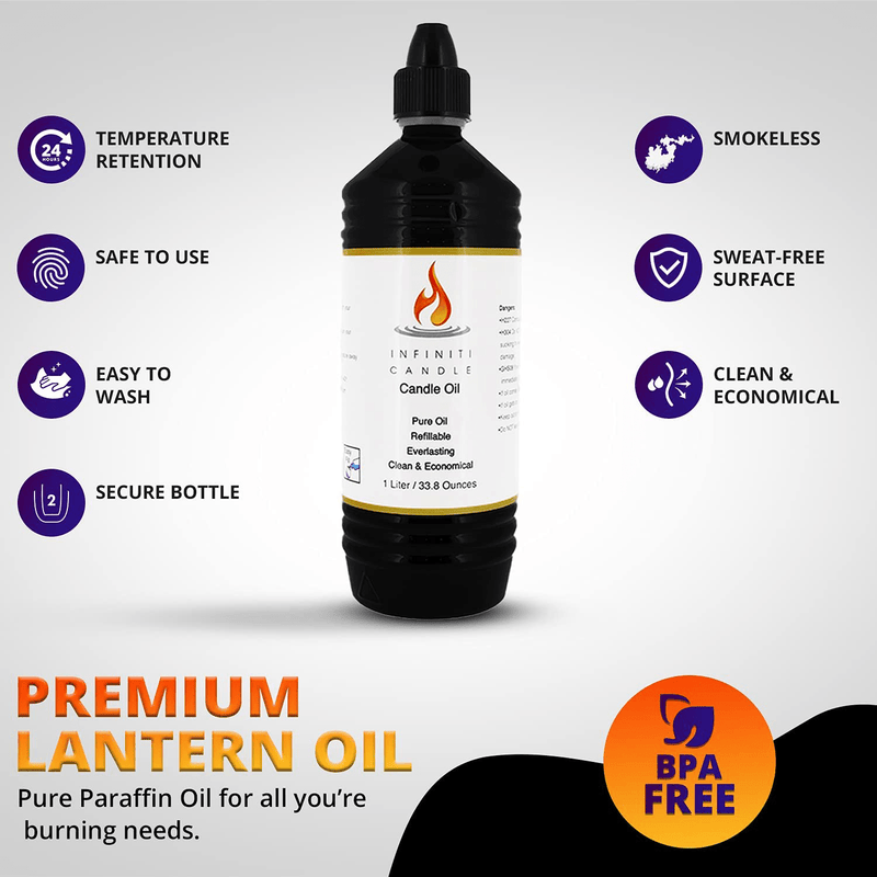 1 Liter Lamp Oil For Torches Lamp And Lanterns, Clear Fluid Safe For Indoor And Outdoor Use. Created For Infiniti Refillable Oil Candle. Unscented And Smokeless . Child safety cap and easy pour spout. Home & Garden > Lighting Accessories > Oil Lamp Fuel INFINITI CANDLE   