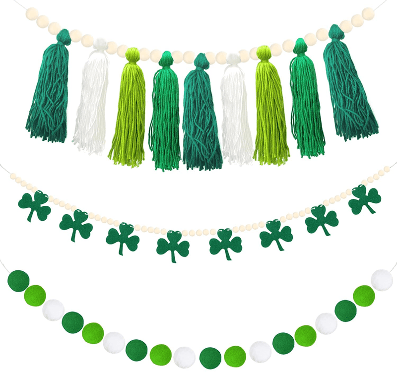 1 Piece Boho Tassel Garland 1 Piece Pom Pom Garlands Balls Garland and 1 Piece Wooden Bead Garland with Felt Heart for for St. Patrick'S Day Irish Party Indoor Outdoor Home Supplies