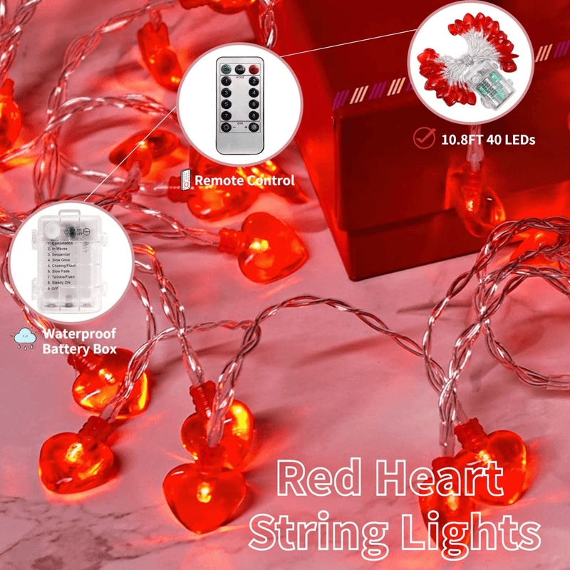 10.8FT Red Heart String Lights Valentine Heart Shaped Fairy Lights String Battery Operated with 40 Leds Red Hearts Remote Control for Christmas Decorations Party Anniversary Bedroom Home & Garden > Decor > Seasonal & Holiday Decorations Dr.BeTree   