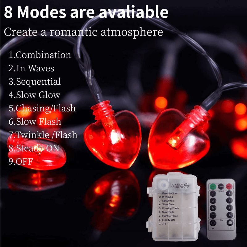 10.8FT Red Heart String Lights Valentine Heart Shaped Fairy Lights String Battery Operated with 40 Leds Red Hearts Remote Control for Christmas Decorations Party Anniversary Bedroom Home & Garden > Decor > Seasonal & Holiday Decorations Dr.BeTree   