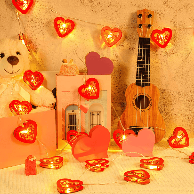 10 Feet 20 LED Valentine'S Day String Lights Heart Fairy Lights Love Hanging Wooden Lights Operated with Waterproof Battery Box and Remote Control Timer Valentine'S Lights Decor for Wedding Indoor