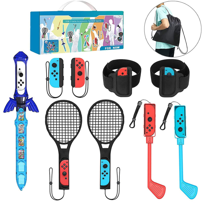 10 in 1 Game Accessory Kits for Switch Sports 2022,For Switch Joy-Con, Mario Tennis Ace Rackets +Golf Clubs for Mario Golf Super Rush+Leg Straps for Ring Fit Adventure+Chambara Game Sword