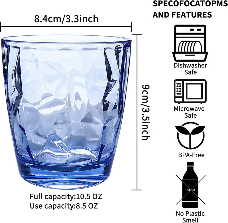 10 Oz Plastic Water Tumblers | Set of 4 Transparent Unbreakable Drinking Glasses Clear Acrylic Reusable Juice Wine Cups for Home Picnic Party, Dishwasher Safe, Stackable (Blue)