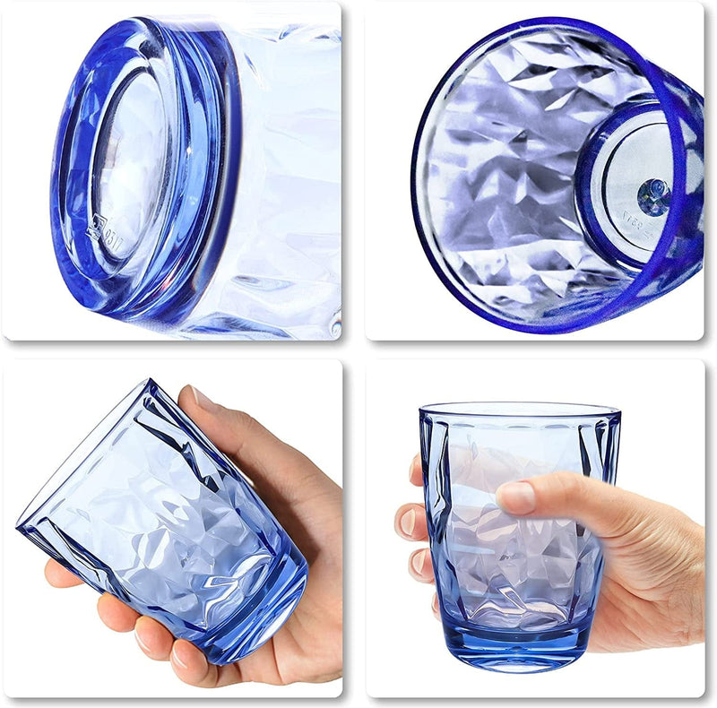 10 Oz Plastic Water Tumblers | Set of 4 Transparent Unbreakable Drinking Glasses Clear Acrylic Reusable Juice Wine Cups for Home Picnic Party, Dishwasher Safe, Stackable (Blue)