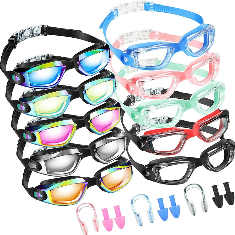 10 Pack anti Fog Swim Goggles UV Protection Swimming Goggles No Leaking Water Goggles Silicone Swimming Glasses with 10 Pairs Earplugs 10 Pieces Nose Clips for Adult Men Women Youth