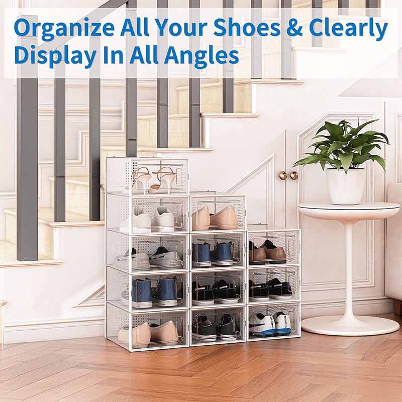 10 Pack Shoe Storage Boxes, Clear Plastic Stackable Shoe Organizer Bins, Drawer Type Front Opening Sneaker Shoe Holder Containers Furniture > Cabinets & Storage > Armoires & Wardrobes Seseno   