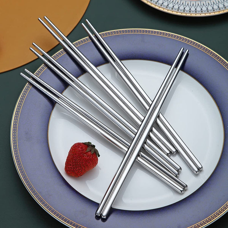10 Pairs Reusable Chopsticks, Stainless Steel Metal Chop Sticks, Japanese Chinese Korean Chopstick Dishwasher Safe, 8.9 Inch (Silver / Chop Sticks)