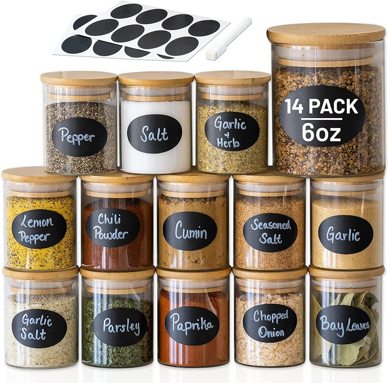 10 Pc Glass Jars with Bamboo Lids (16Oz) + Rewritable Label Set | Big Clear Glass Airtight Spice Jars | Food Storage Containers for Home Kitchen, Tea, Herbs, Sugar, Salt, Coffee, Flour, Herbs, Grains Home & Garden > Decor > Decorative Jars Kaptivating Kitchens 6oz  