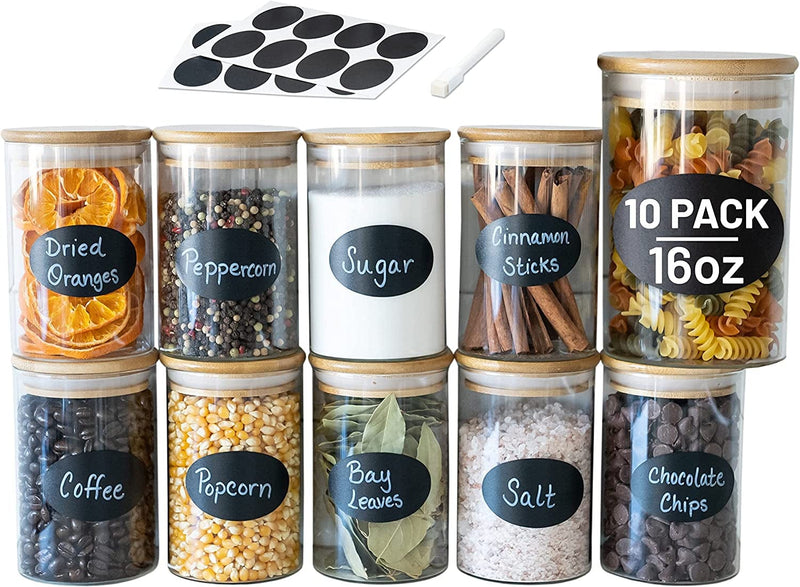 10 Pc Glass Jars with Bamboo Lids (16Oz) + Rewritable Label Set | Big Clear Glass Airtight Spice Jars | Food Storage Containers for Home Kitchen, Tea, Herbs, Sugar, Salt, Coffee, Flour, Herbs, Grains