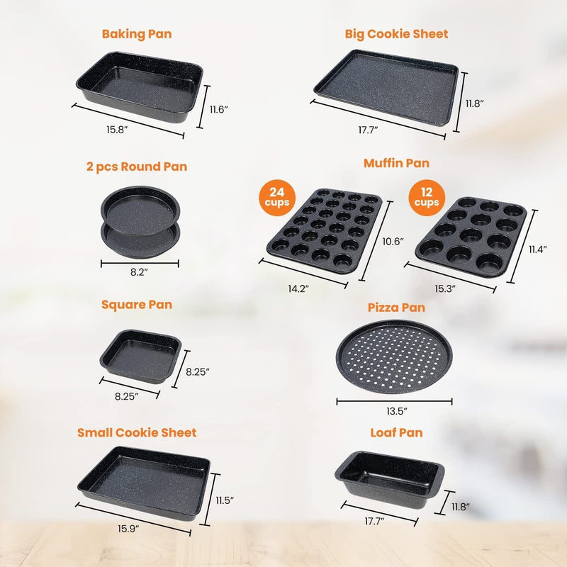 10-Piece Baking Pans Set Nonstick, Bakeware Set with Baking Pan, Cookie Sheet Set, Muffin Pan, Cake Pan, and Pizza Pan, Oven Safe up to 450°F (Ceramic Coated Black) Home & Garden > Kitchen & Dining > Cookware & Bakeware Fanfastic   