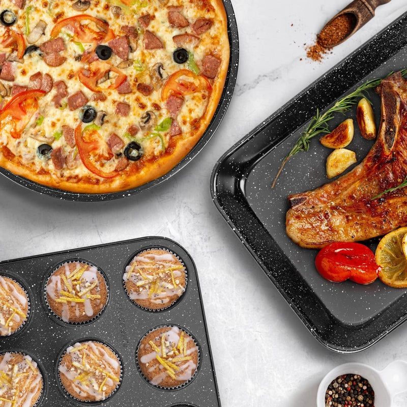 10-Piece Baking Pans Set Nonstick, Bakeware Set with Baking Pan, Cookie Sheet Set, Muffin Pan, Cake Pan, and Pizza Pan, Oven Safe up to 450°F (Ceramic Coated Black) Home & Garden > Kitchen & Dining > Cookware & Bakeware Fanfastic   