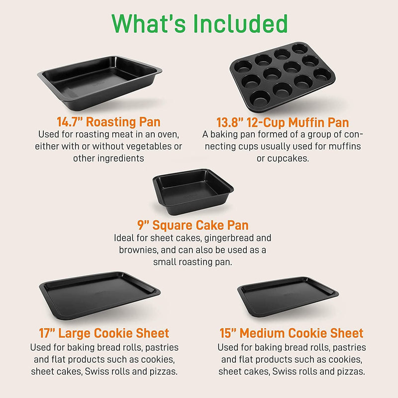 10-Piece Kitchen Oven Baking Pans - Deluxe Carbon Steel Bakeware Set with Stylish Non-Stick Gray Coating inside and Out, Dishwasher Safe & PFOA, PFOS, PTFE Free - Nutrichef Home & Garden > Kitchen & Dining > Cookware & Bakeware NutriChef   
