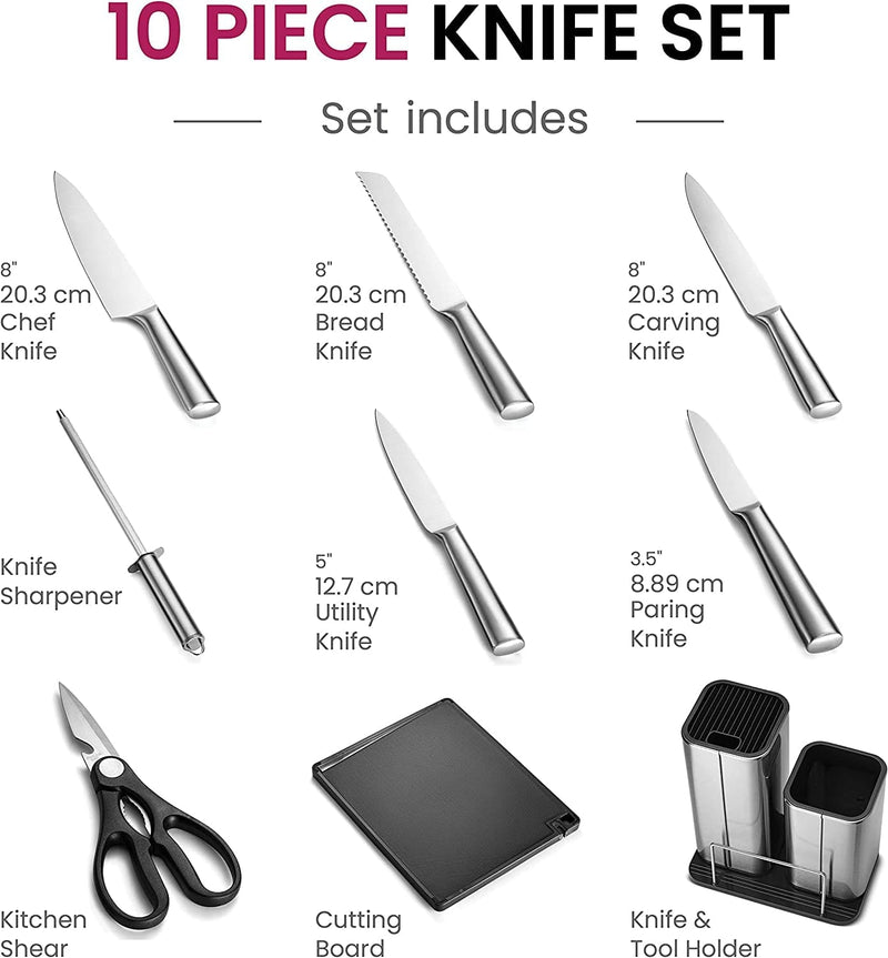 10-Piece Stainless-Steel Kitchen Knife Set - Newly Innovative Kitchen Knifes Set with Utensil Holder - 5 Stainless-Steel Knives - Knife Sharpener - Kitchen Scissors - Cutting Board- Knife Block Holder