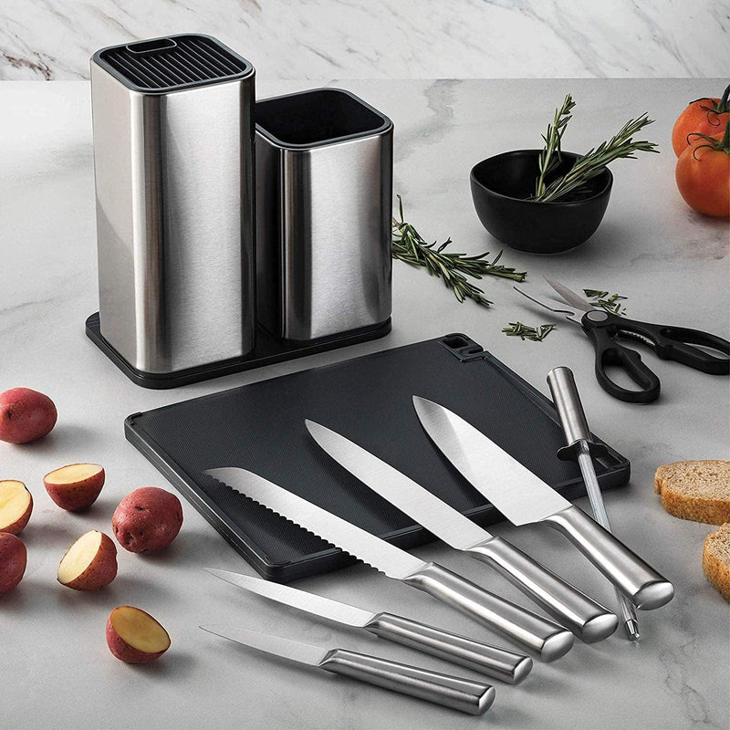 10-Piece Stainless-Steel Kitchen Knife Set - Newly Innovative Kitchen Knifes Set with Utensil Holder - 5 Stainless-Steel Knives - Knife Sharpener - Kitchen Scissors - Cutting Board- Knife Block Holder