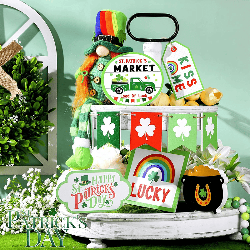10 Pieces Tiered Tray Decor Farmhouse Mini Wood Signs Decorations for St. Patrick'S Day Easter Summer Party Decoration (Shamrock Style)