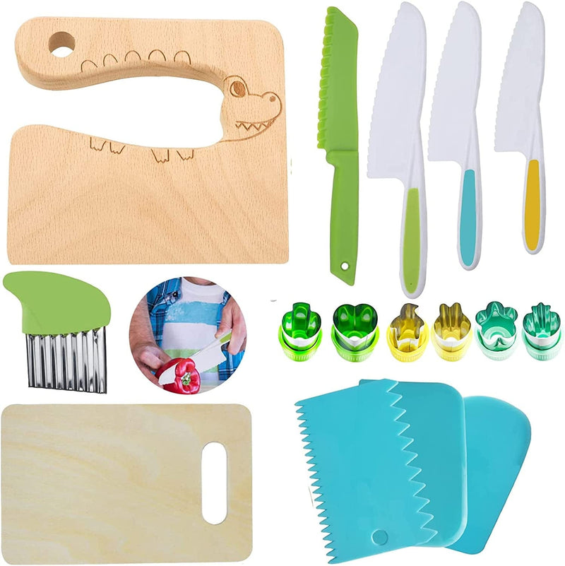 10 Pieces Wooden Kids Kitchen Knife Set, Include Wood Kids Knife Plastic Potato Slicers Cooking Knives Children'S Safe Knifes Cake Scraper Kids Cute Rectangle Cutting Board