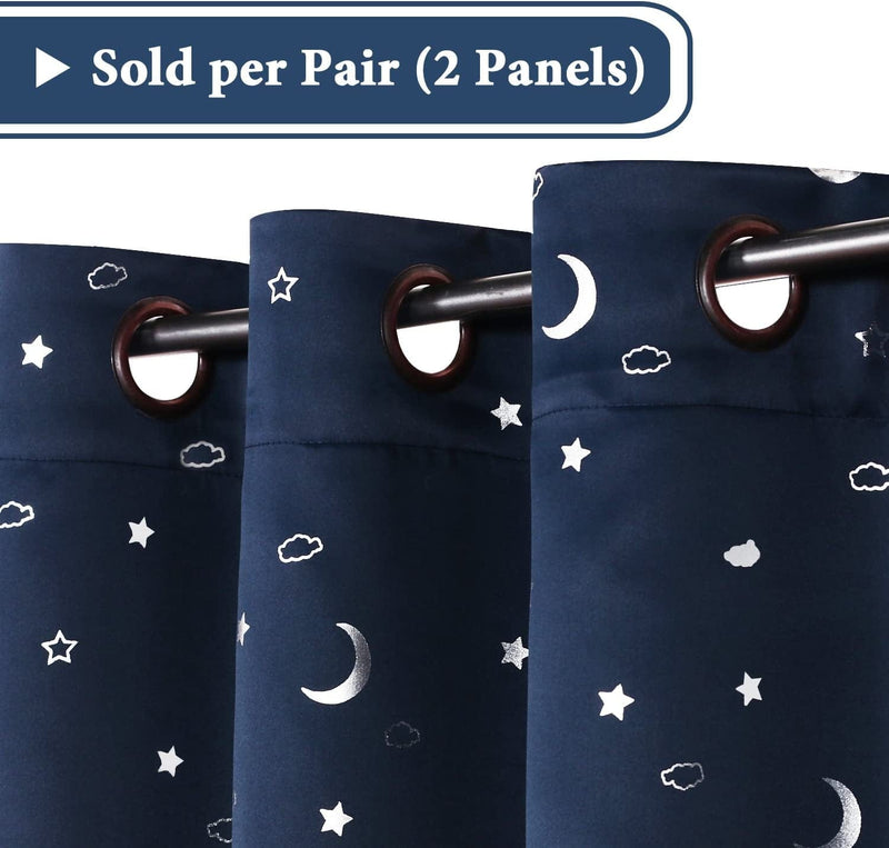 100% Blackout Curtains Starry Night Twinkle Moon and Star Pattern Galaxy Room Decor Thermal Insulated Nursery Window Drape with Grommet for Kid'S Room Sold 2 Panels (Each 52" X 84", Navy)