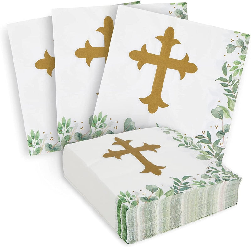 100 Pack Cross Napkins for Baptism, First Communion, Christening Decorations (6.5 X 6.5 In)