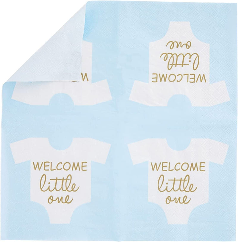 100 Pack Welcome Little One Baby Shower Napkins for Boys, Gold Foil Gender Reveal Decorations, Light Blue (5 X 5 In) Home & Garden > Decor > Seasonal & Holiday Decorations GUNLN   