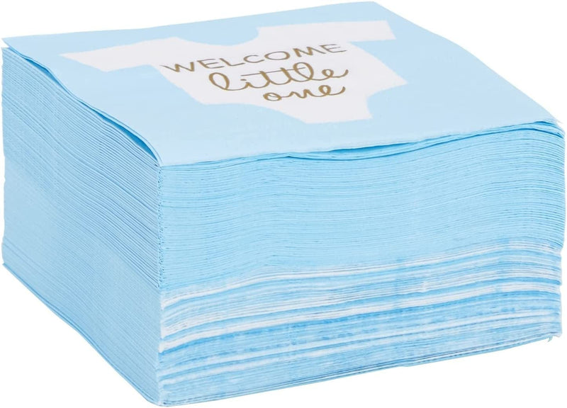 100 Pack Welcome Little One Baby Shower Napkins for Boys, Gold Foil Gender Reveal Decorations, Light Blue (5 X 5 In) Home & Garden > Decor > Seasonal & Holiday Decorations GUNLN   