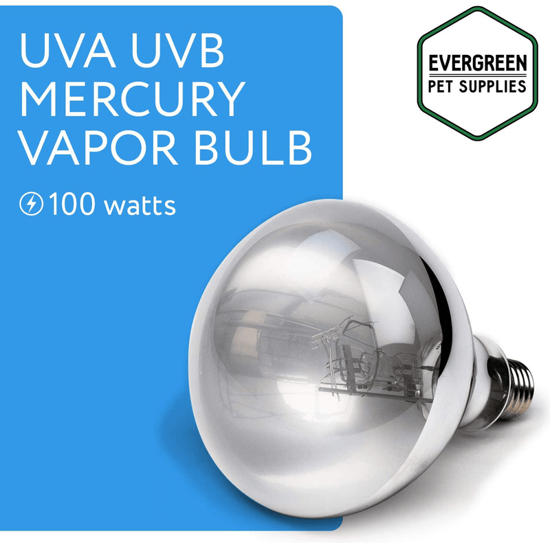 100 Watt UVA UVB Mercury Vapor Bulb / Light / Lamp for Reptile and Amphibian Use - Excellent Source of Heat and Light for UV and Basking - by Evergreen Pet Supplies Animals & Pet Supplies > Pet Supplies > Reptile & Amphibian Supplies > Reptile & Amphibian Habitat Heating & Lighting Evergreen Pet Supplies   
