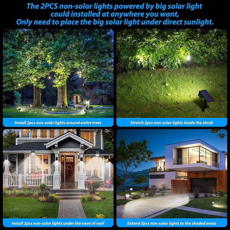 100LED Solar Outdoor Lights Power 2PCS 40LED Non-Solar Lights for Shady Areas via 9.8Ft Cables(No Need Plug In), IP68 Solar Spotlights Outdoor, 3 Light Modes Auto On/Off Solar Powered Spot Lights