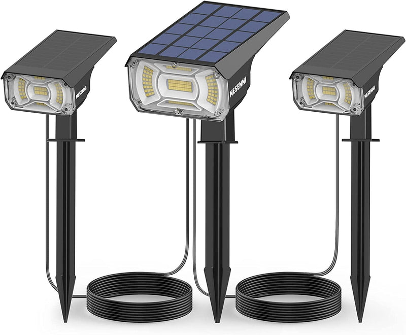 100LED Solar Outdoor Lights Power 2PCS 40LED Non-Solar Lights for Shady Areas via 9.8Ft Cables(No Need Plug In), IP68 Solar Spotlights Outdoor, 3 Light Modes Auto On/Off Solar Powered Spot Lights