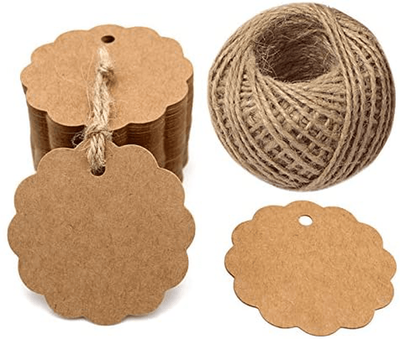 100PCS Brown Craft Scalloped Paper Gift Tags with 100Feet Natural Jute Twines for Birthday Party, Wedding Decoration Gifts, Arts & Crafts Home & Garden > Decor > Seasonal & Holiday Decorations& Garden > Decor > Seasonal & Holiday Decorations G2PLUS Brown  
