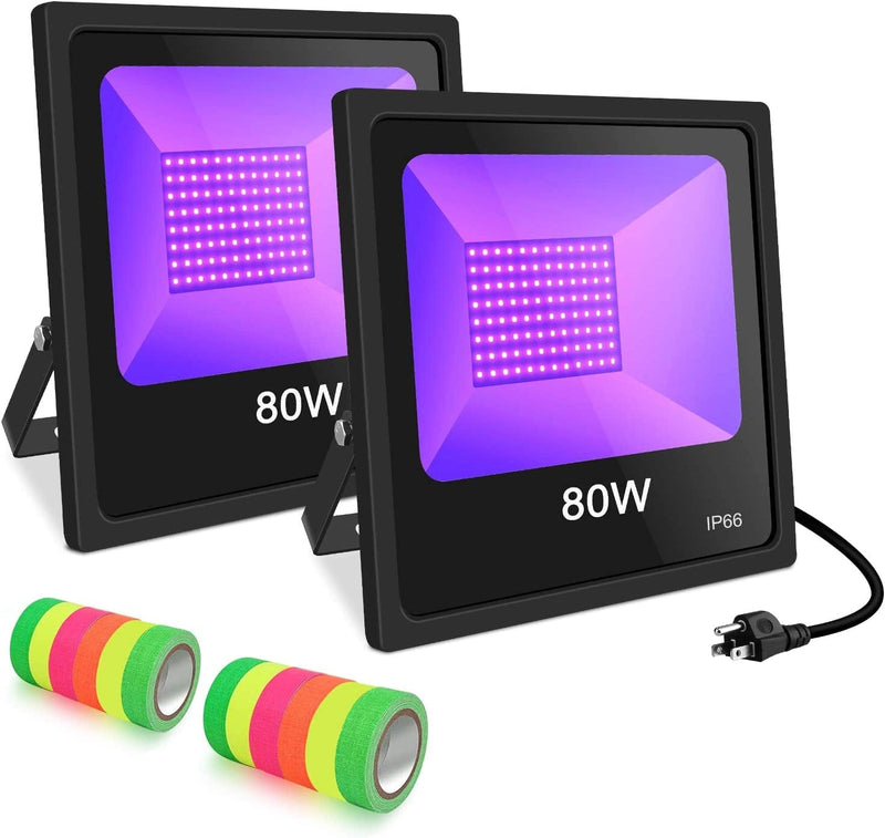 100W LED UV Black Light 2 Pack, LED Blacklight with Plug (10 Ft Power Cord) IP66 Ultraviolet Floodlight Stage Lighting for Grow Christmas Party DJ Disco, Glow in the Dark with Fluorescent Tape Home & Garden > Lighting > Flood & Spot Lights KUKUPPO 80W 2Pack  