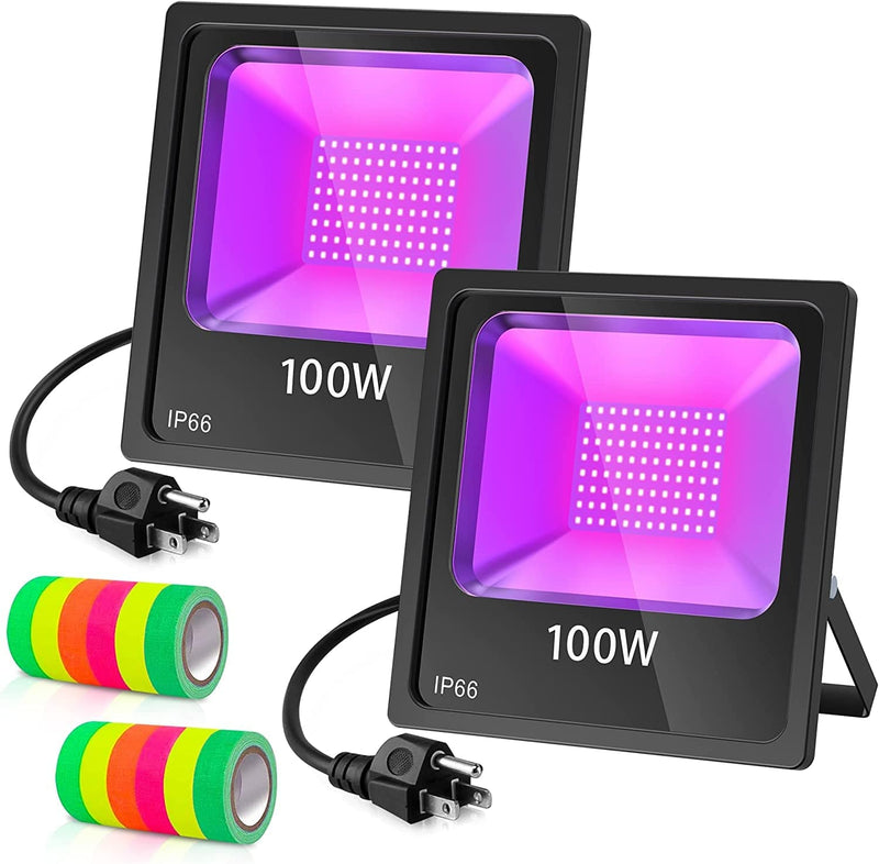100W LED UV Black Light 2 Pack, LED Blacklight with Plug (10 Ft Power Cord) IP66 Ultraviolet Floodlight Stage Lighting for Grow Christmas Party DJ Disco, Glow in the Dark with Fluorescent Tape Home & Garden > Lighting > Flood & Spot Lights KUKUPPO 100W 2Pack  