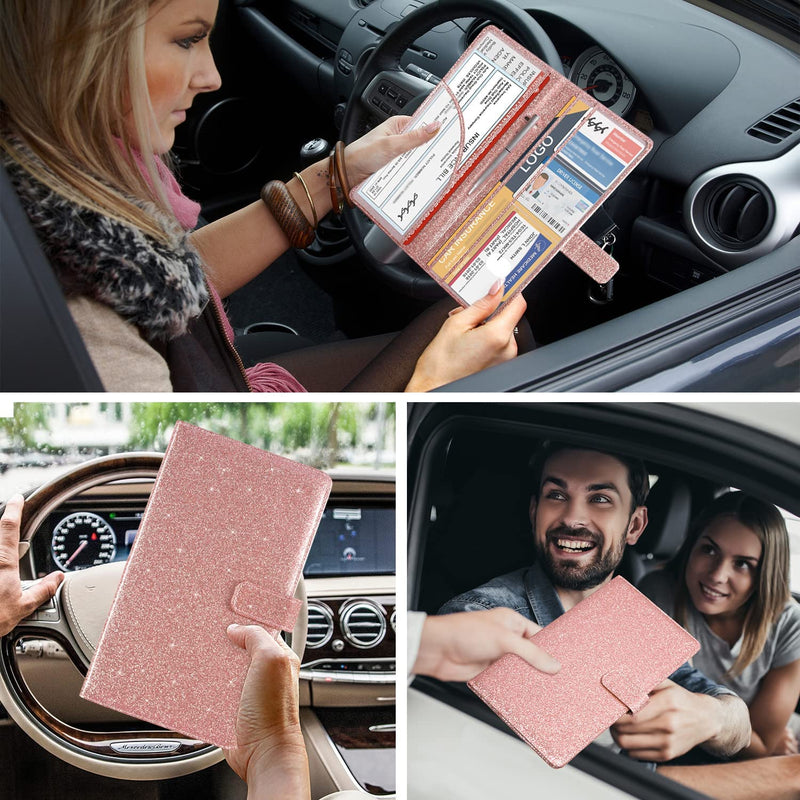 Dmluna Car Registration and Insurance Holder, Leather Vehicle Card Document Glove Box Organizer, Auto Truck Compartment Accessories for Essential Information, Driver License Cards, Glitter Rose Sporting Goods > Outdoor Recreation > Winter Sports & Activities DMLuna   