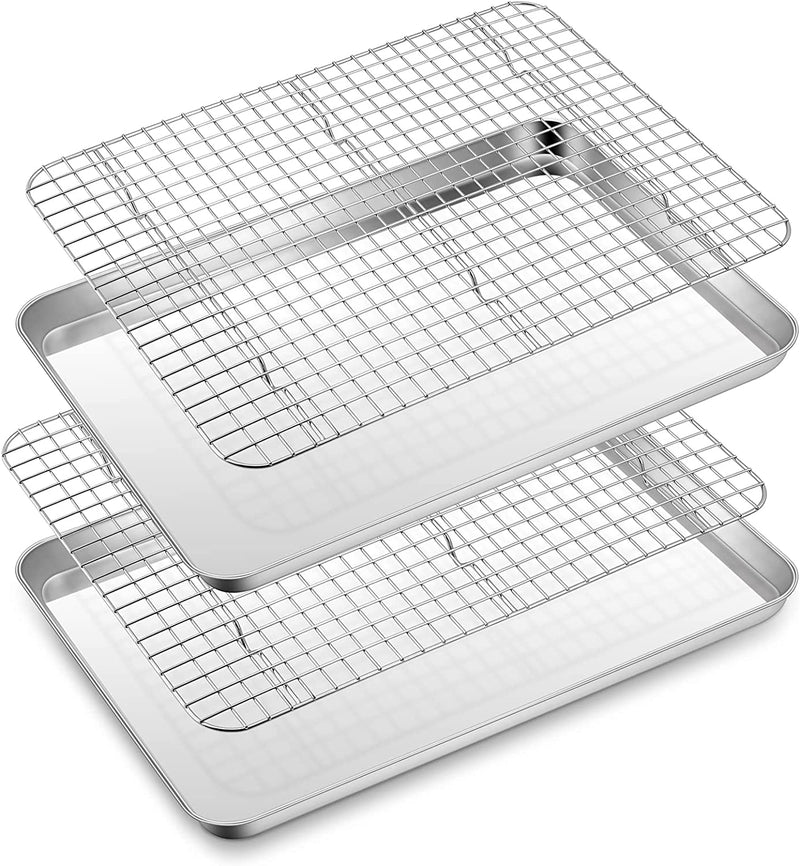 Stainless Steel Baking Sheet with Rack Set, E-Far 16”X12” Cookie Sheet Pan for Oven, Rimmed Metal Tray with Wire Cooling Rack for Cooking Roasting Resting Bacon Meat Steak - Dishwasher Safe Home & Garden > Kitchen & Dining > Cookware & Bakeware E-far 17.7“x13"  