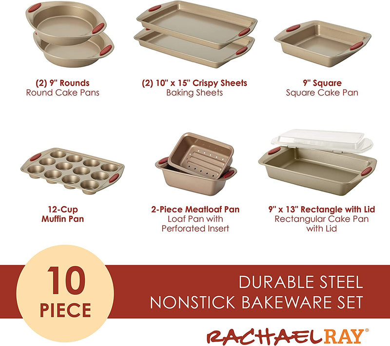Rachael Ray Cucina Nonstick Bakeware Set Baking Cookie Sheets Cake Muffin Bread Pan, 10 Piece, Latte Brown with Cranberry Red Grips Home & Garden > Kitchen & Dining > Cookware & Bakeware Rachael Ray   